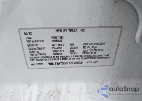 2022 Tesla Model Y Long Range Dual Motor All-Wheel Drive z USA, uszkodzony, nr VIN 7SAYGDEE6NF436924